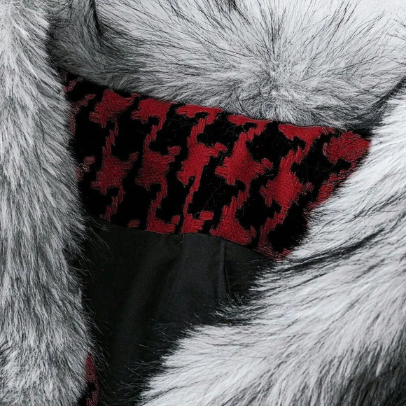 Red Casual Women's Front Tie Long Sleeve Faux Fur Houndstooth Woolen Jacket - Picture 5 of 5